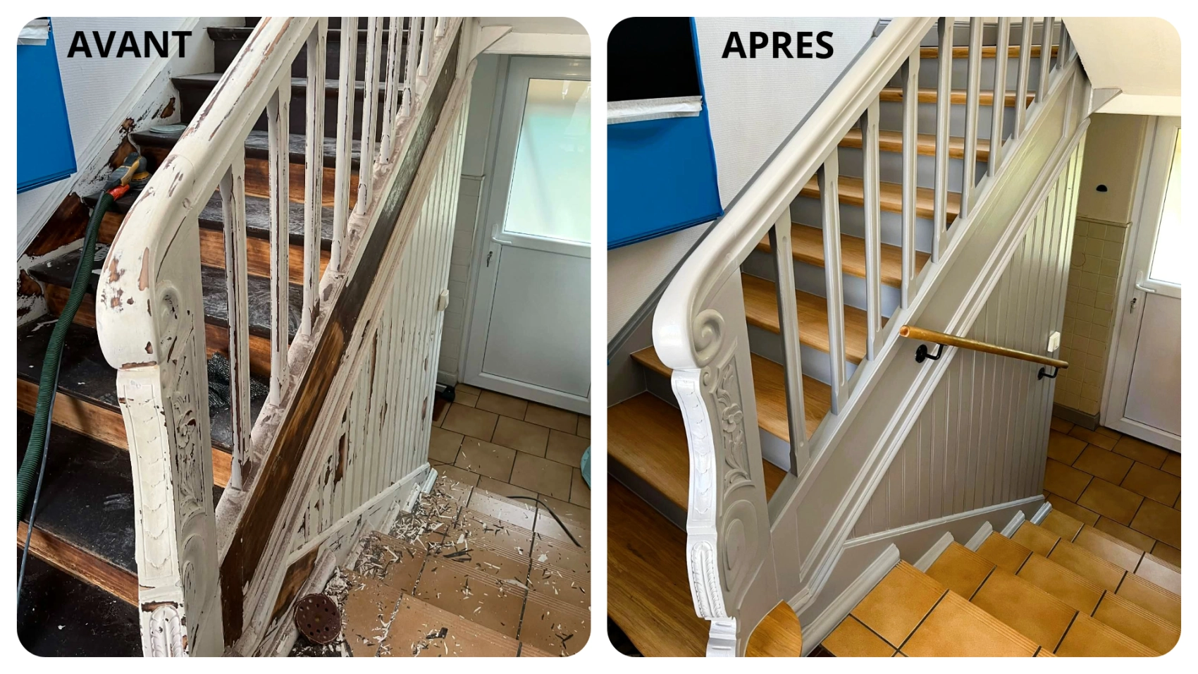 Transformation avec la rénovation complète de cet escalier : Peinture des limons, garde-corps, plinthes et contre-marches ; Ponçage + vitrification des marches et paliers pour retrouver tout le charme du bois
